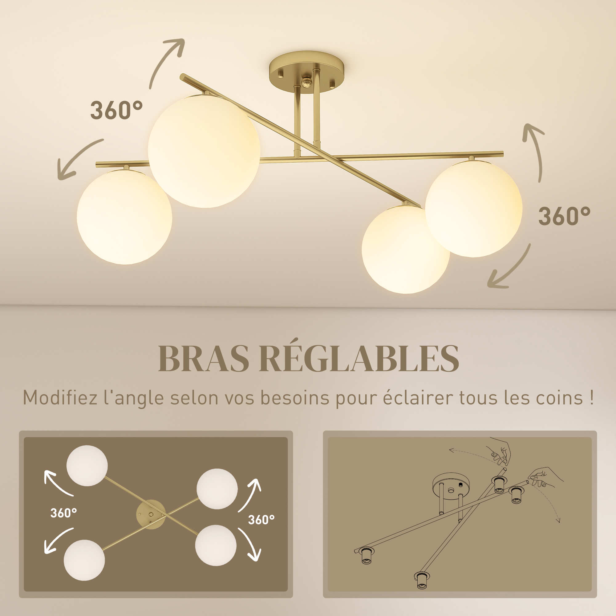 Plafonnier 4 globes finition dorée bras ajustables