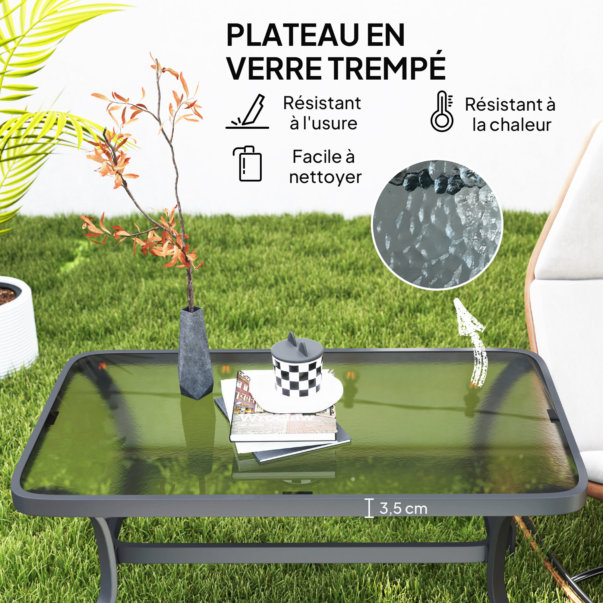 Table basse exterieure verre trempe 3.5cm motif ondule 95x55cm - Vue 1