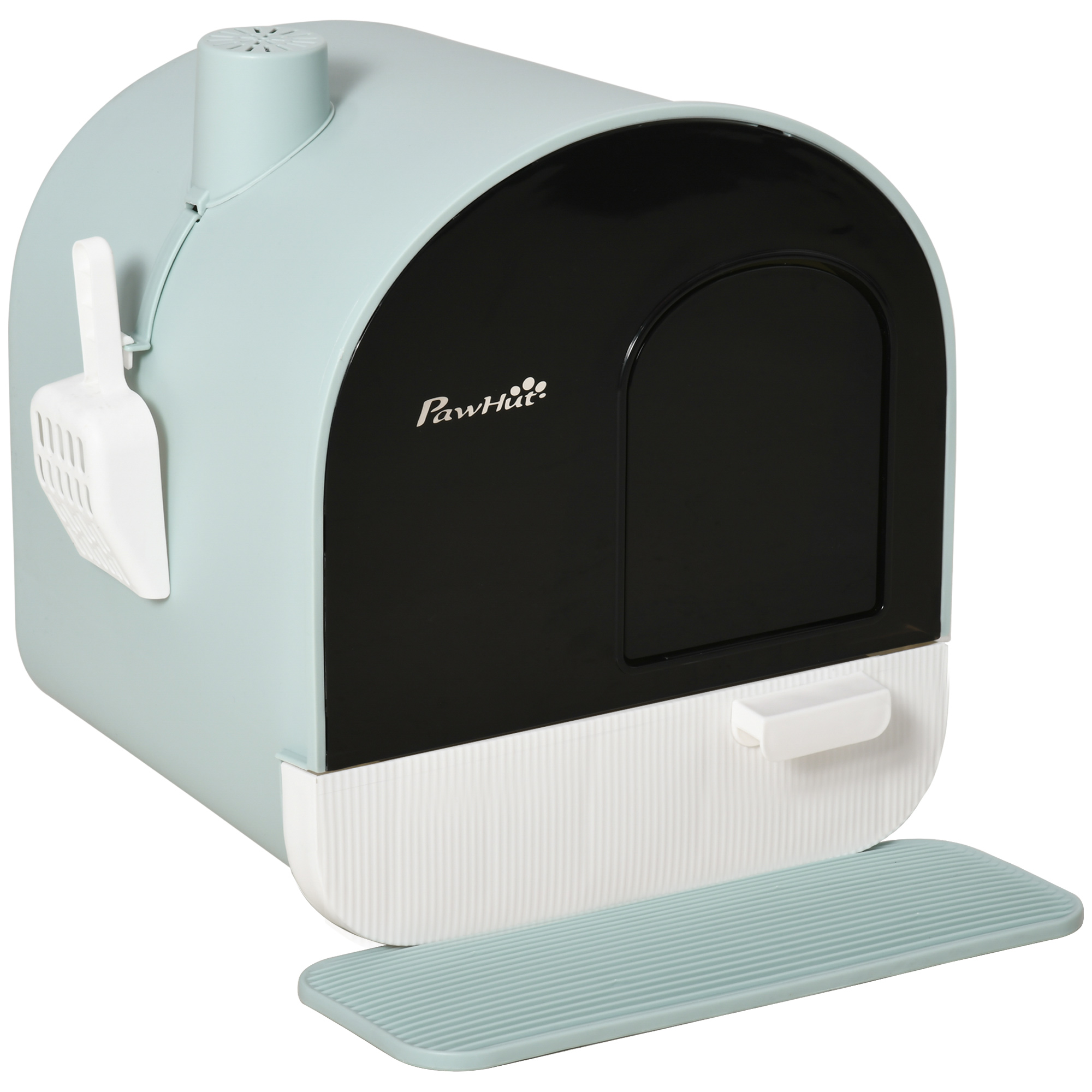  Bac à litière pour chat maison de toilette pour chat avec porte battante, pelle et filtre inclus dim. 43L x 44l x 47H cm