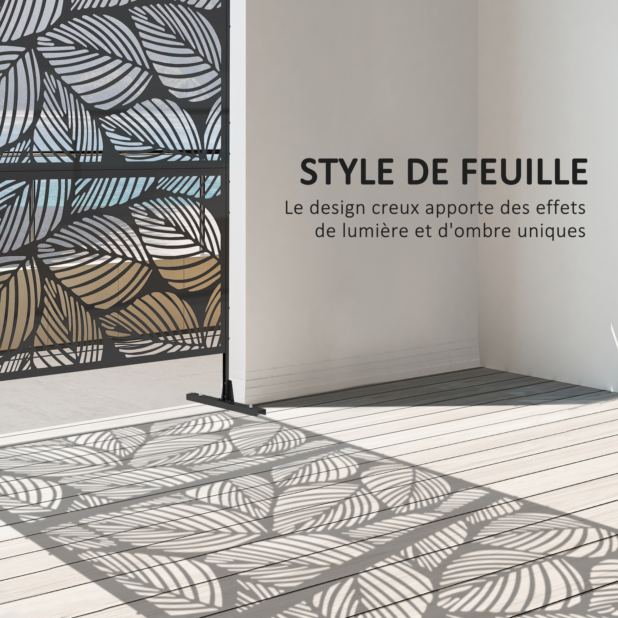Detalle de la estructura de acero sólido y pintura protectora para exteriores <h2>Doble propósito: privacidad y soporte para plantas</h2> <p>Esta pantalla combina la delimitación del espacio y la decoración de plantas para amueblar armoniosamente su espacio exterior:</p> <ul> <li><strong>Divisor de espacio elegante</strong>: Defina su área de comedor, espacio de relajación, huerto o área de ocio sin grandes construcciones. Preserva la privacidad al tiempo que mantiene una atmósfera abierta.</li> <li><strong>Soporte de celosía para plantas trepadoras</strong>: La estructura calada permite que las plantas se adhieran y crezcan. Se adapta a enredaderas, hiedra, rosales trepadores, madreselva y clemátides para crear una pared verde natural.</li> </ul> <img src=