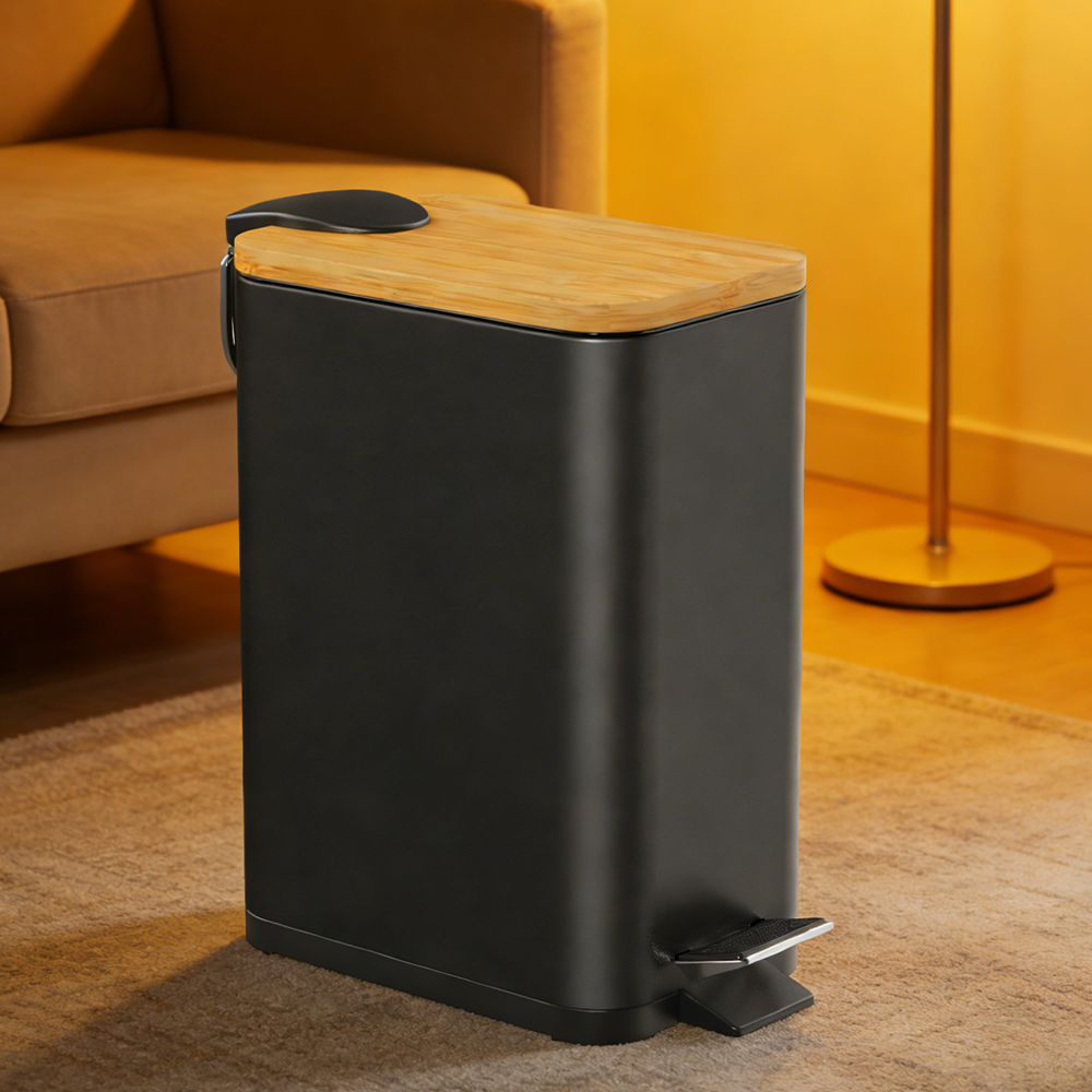 Poubelle slim 5L couvercle bambou noir