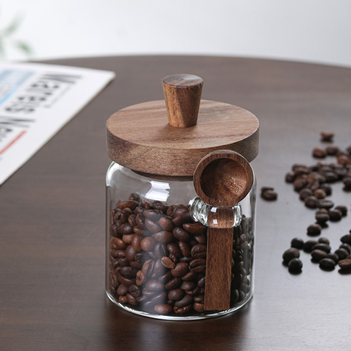 Bocal stockage café grains verre borosilicate cuillère bois