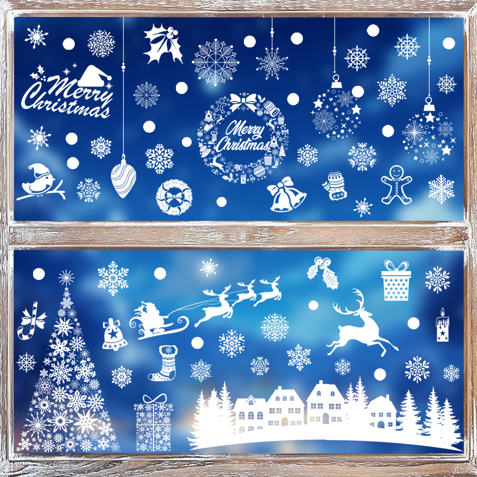 Exemple décoration vitre Noël motifs flocons rennes sapin
