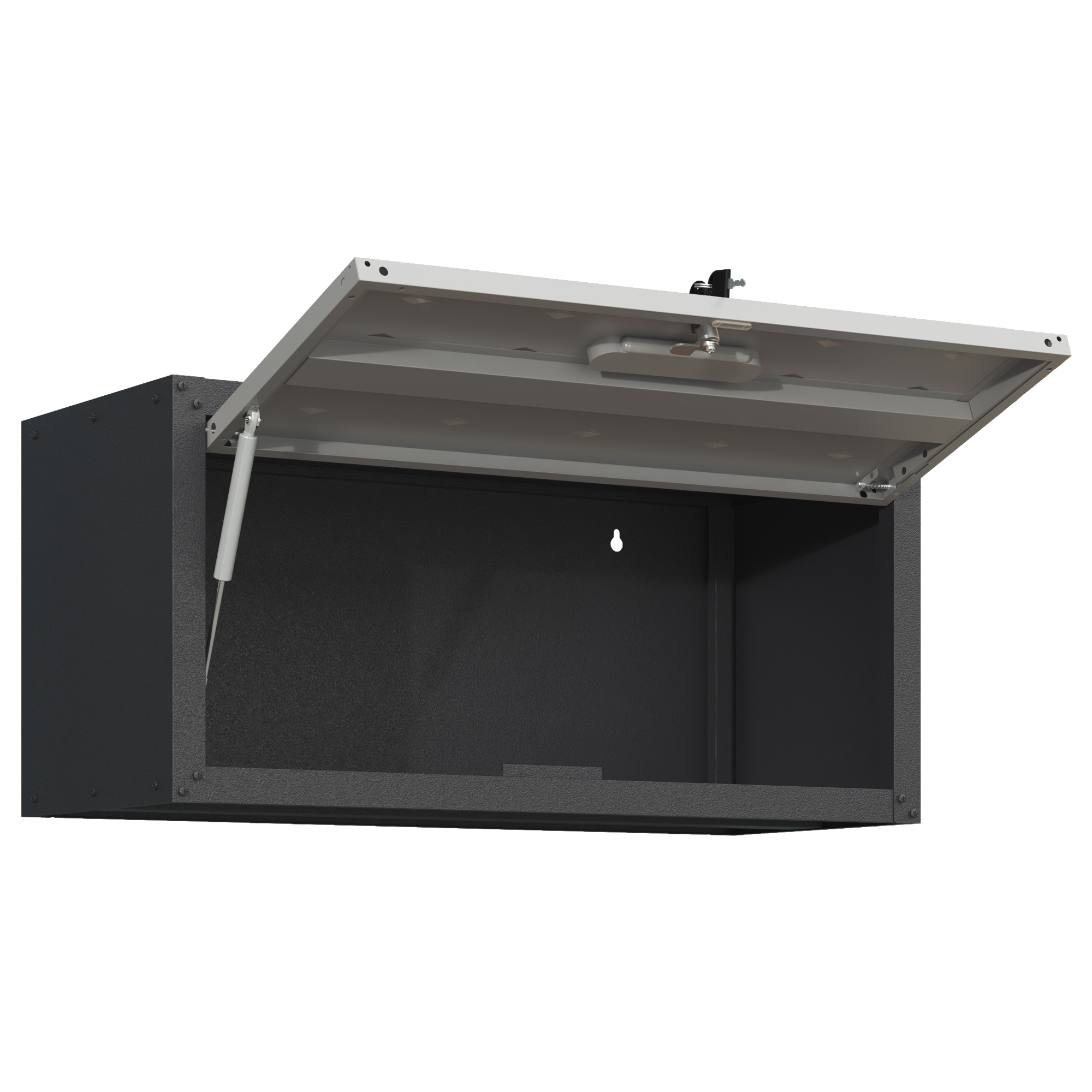 Armoire porte ouverte, vérin hydraulique visible