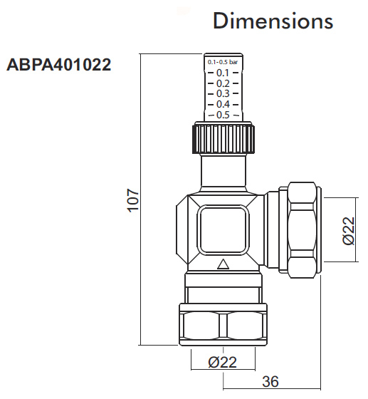 Intatec - 22mm Automatic Differential Bypass Valve ABPA401022 Dimensions