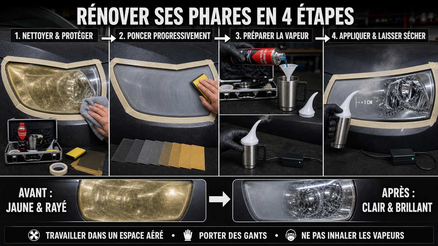Liquide polymère pour phares voiture rénovation nettoyage polissage