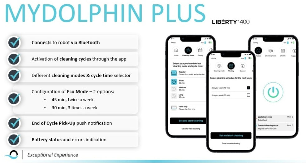 Infografica Dolphin Liberty 400i: connessione Bluetooth, modalità eco, notifiche e stato batteria tramite app.