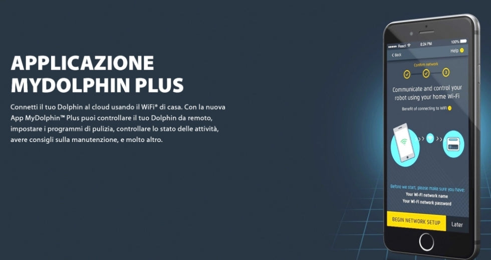 App MyDolphin Plus su smartphone per controllo remoto robot piscina Dolphin tramite Wi-Fi.