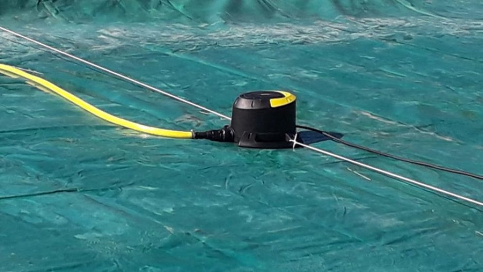 Elettropompa Dab su copertura piscina, tubo giallo, per rimozione acqua piovana.