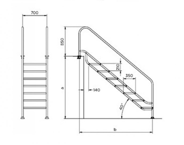 Scaletta in acciaio inox AISI 316 per piscina, accesso facilitato, vista laterale e frontale con misure dettagliate.