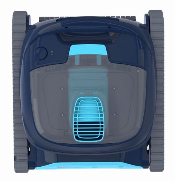 Robot piscina Dolphin Liberty 400i, vista dall'alto, design blu e nero, cingoli laterali.