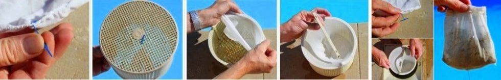 Sacchetti pre filtro universali per skimmer piscina, installazione e utilizzo vicino a bordo piscina.