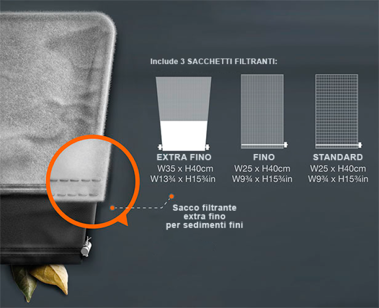 Sacco filtrante extra fino per aspiratore Kokido Vektro XL, include dimensioni e tipi di filtrazione.