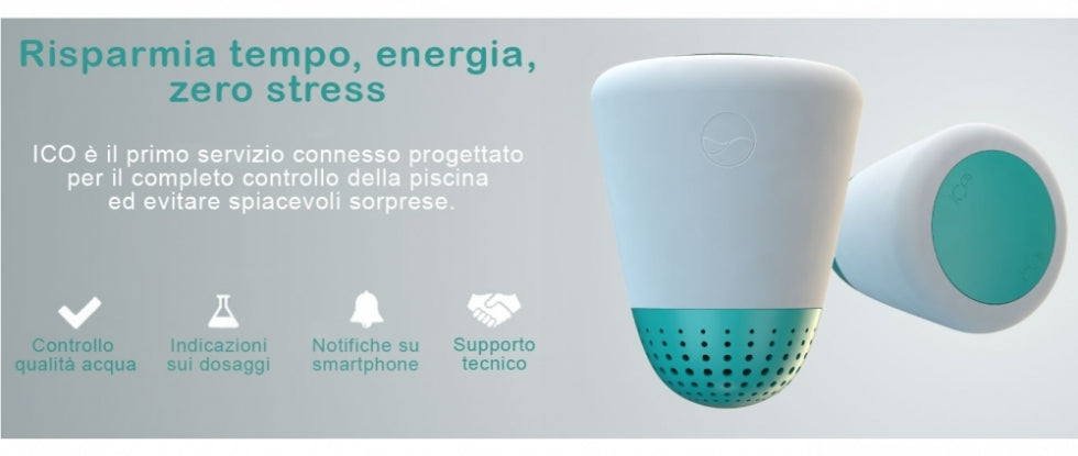 Rilevatore Ondilo ICO V2 per piscina, misurazione parametri acqua, design bianco e verde, connessione Bluetooth.