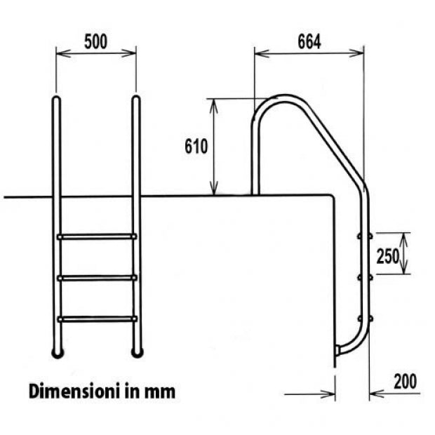Scaletta Trianon in acciaio inox AISI 304, 4 scalini, con misure dettagliate per piscina con skimmer.