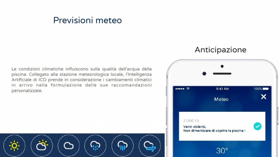 Previsioni meteo per piscina su smartphone con avviso di venti violenti e icone meteo in basso.