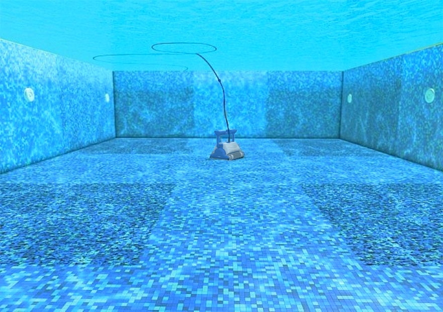 Robot piscina Dolphin ZEFIRO SF50 in azione sul fondo di una piscina piastrellata.