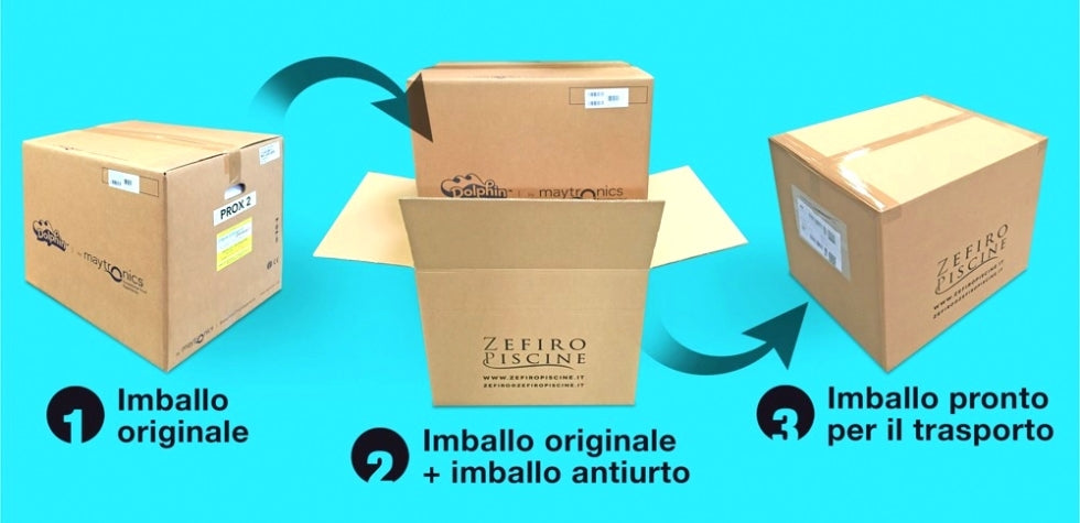 Imballaggio Dolphin Poolstyle 40i: scatola originale, antiurto e pronta per il trasporto.