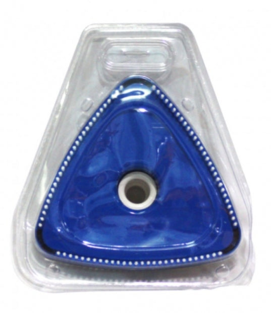 Aspirafango triangolare blu per piscine, confezionato in plastica trasparente.