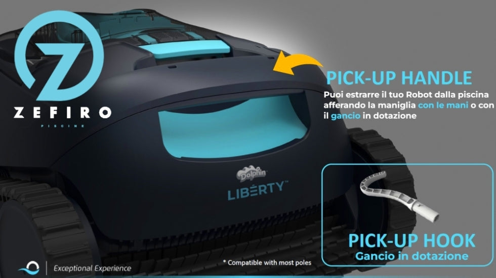 Robot piscina Dolphin Liberty 200 Eco con maniglia e gancio pick-up, vista dettagliata.