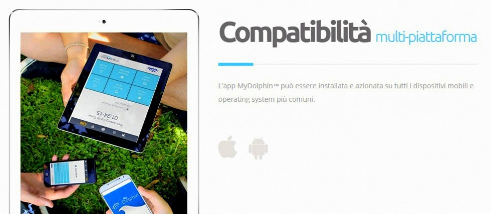 Tablet e smartphone con l'app MyDolphin Plus per controllare il robot piscina Dolphin ZEFIRO SF60i.