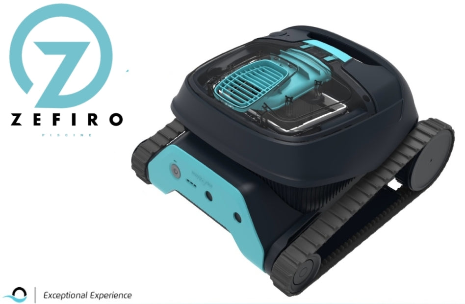 Robot pulitore piscina Dolphin Liberty 400i su sfondo bianco, design moderno a cingoli.