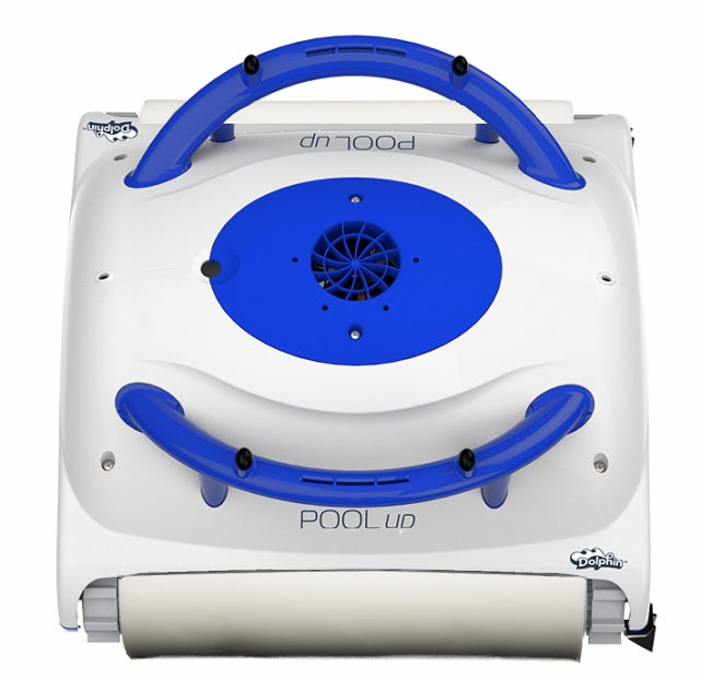 Robot piscina Dolphin Pool UP Digital, vista dall'alto, con dettagli blu e bianco.