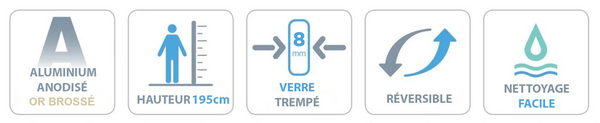 Avantages parois Kassandra - Aluminium or brossé - verre trempé 8 mm - réversible - traitement anti-calcaire - Le Monde du Bain