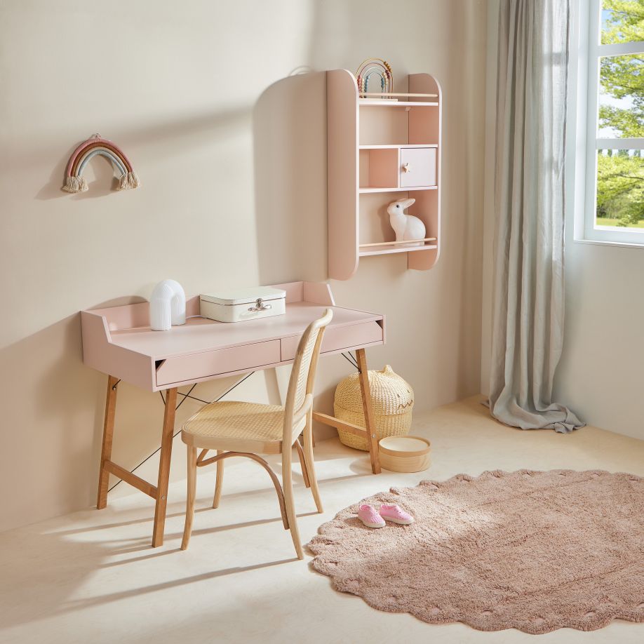 Bureau enfant blanc, bois clair et noir