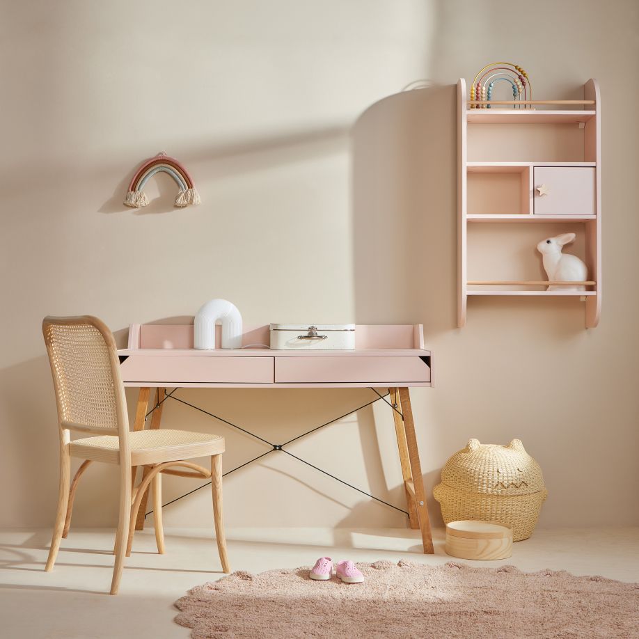 Bureau enfant blanc, bois clair et noir