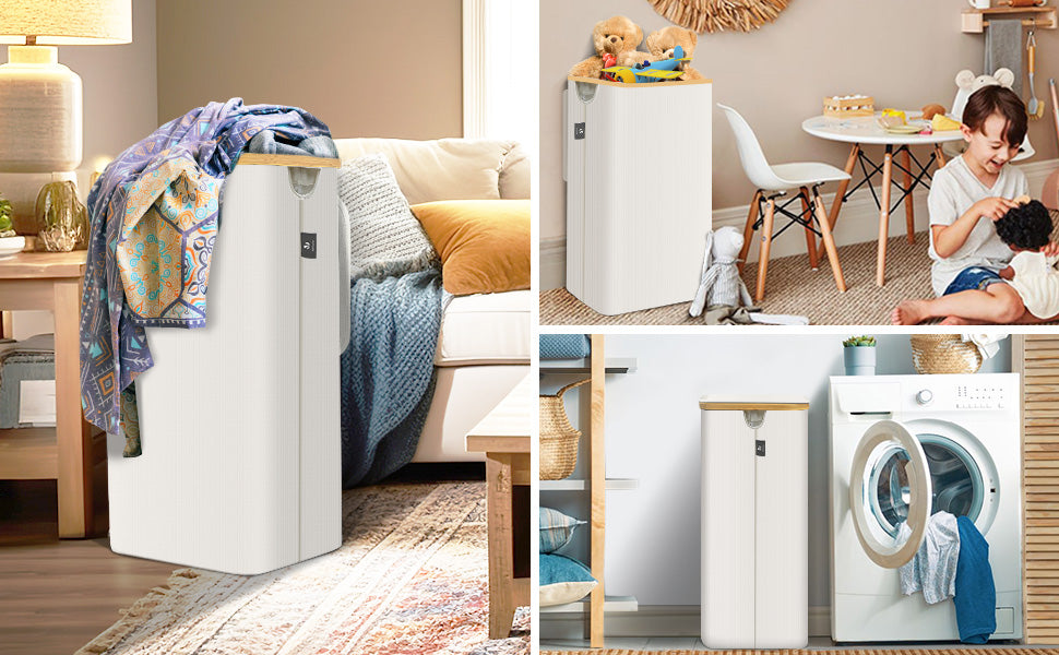 Cesto Portabiancheria VOUNOT 100L Con Ruote - Pieghevole In Bambù E Tessuto - Per Bucato O Riposi - Beige - Foto 7