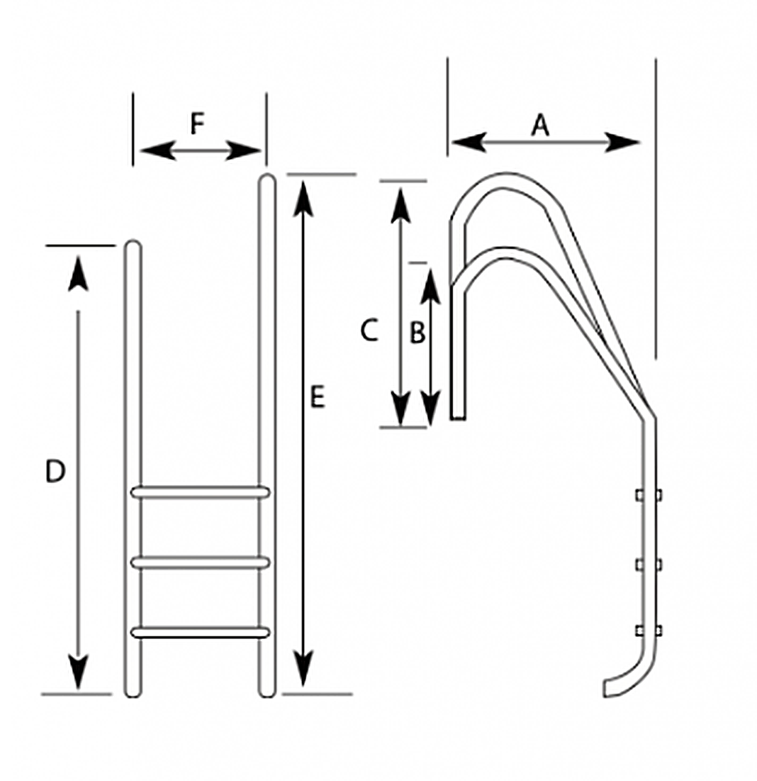Esquema de medidas escalera asimétrica piscina 2 peldaños AISI 316 ref 520112F