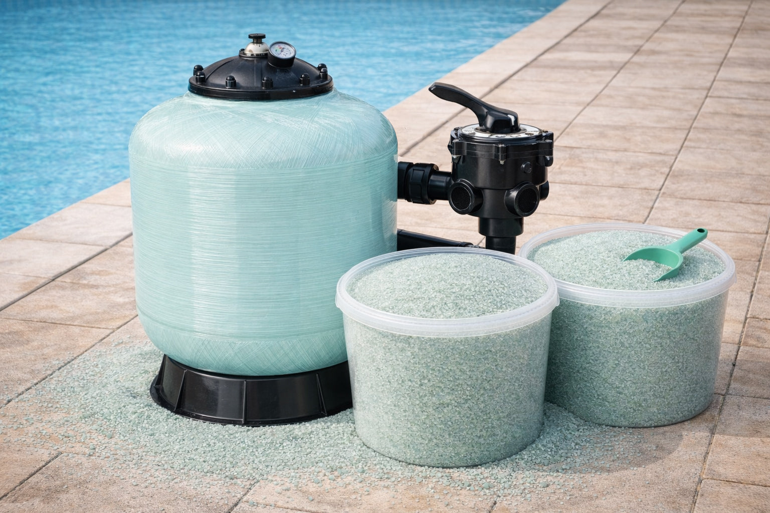 Filtro de piscina con cubos de vidrio filtrante de granulometría fina junto al equipo de filtración