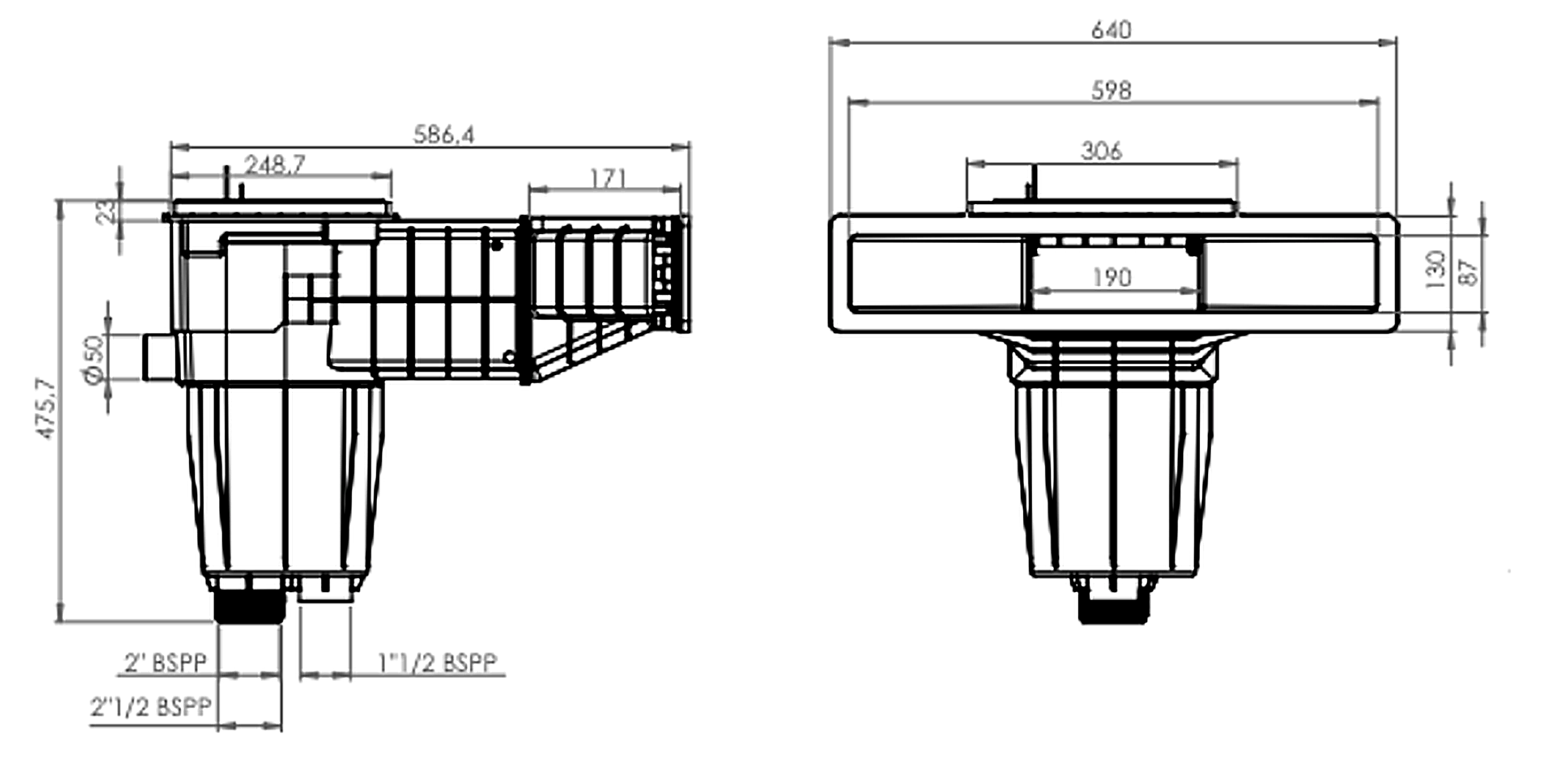 Esquema de medidas skimmer X-PRO 600 liner arena Ref. X600LSA