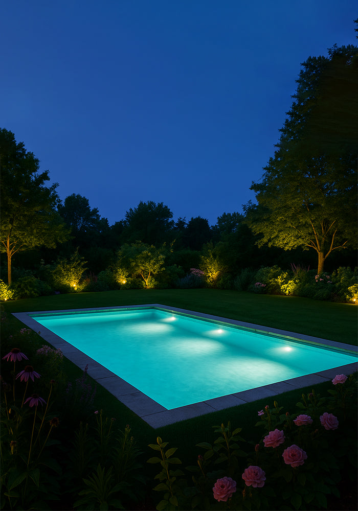 Piscina illuminata con proiettori Astralpool LumiPlus Essential Flat