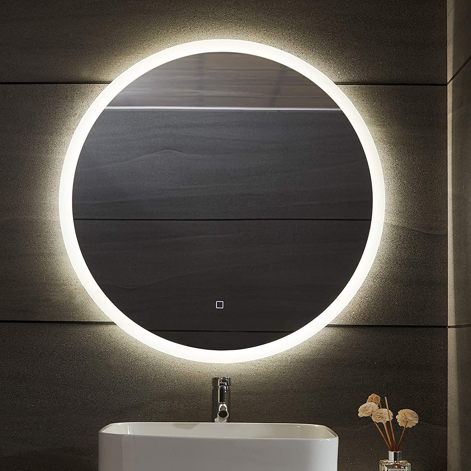 Un Miroir Rond A Un Diametre De 95 Cm Miroir de salle de bain led tactile mural 3 en 1 éclairage blanc froid  chaud neutre anti buée miroir lumineux cosmétique de maquillage rond  diamètre 80 cm