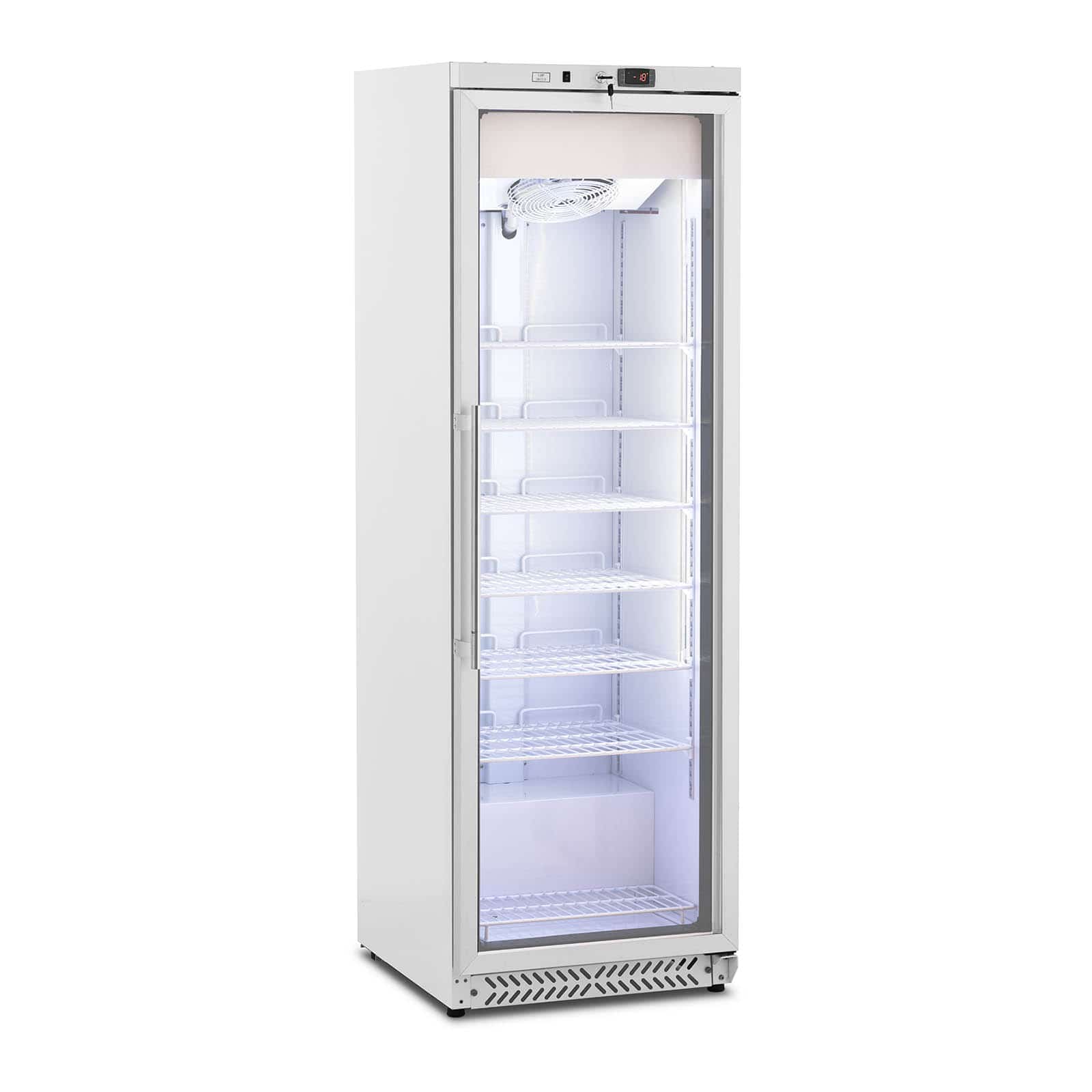 Grand congélateur armoire vertical grande capacité réfrigérant R290 (volume  : 380 litres, puissance : 425 watts, porte à double vitrage)