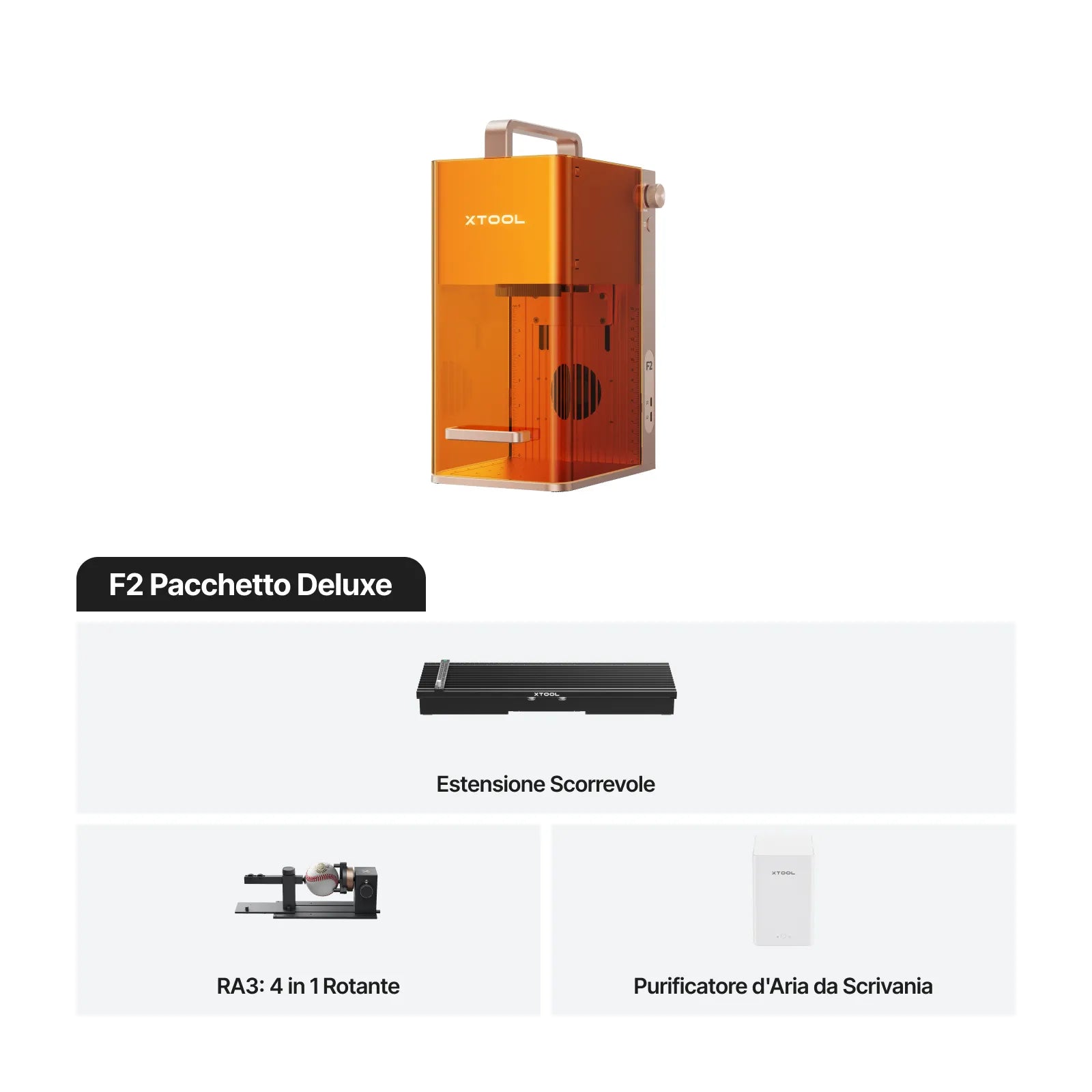 xTool F2 Deluxe Bundle con Estensione Slide, Rotativo RA3 e Purificatore Aria