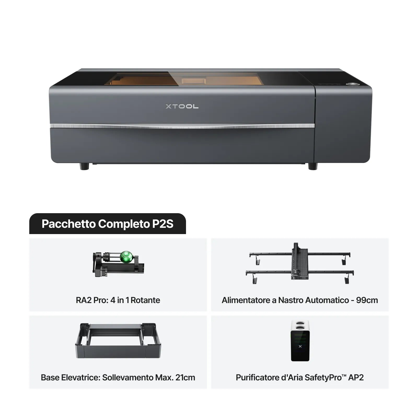 xTool P2S Grigio 55W CO2 All-in-One con Nastro, Riser, Rotativo RA3 e Purificatore AP2