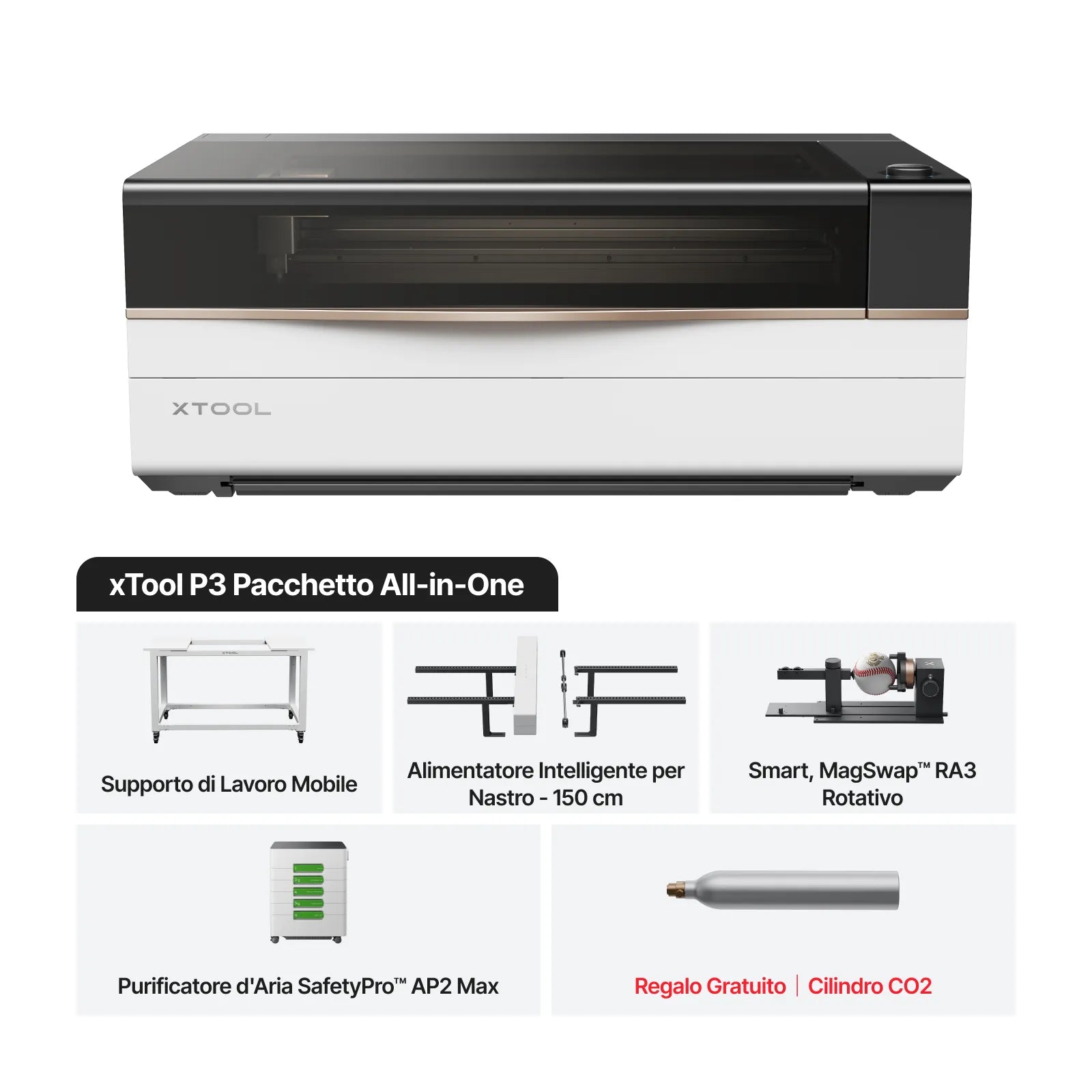 xTool P3 All-in-One Max 80W CO2 con Postazione Mobile, Nastro, Rotativo e Purificatore