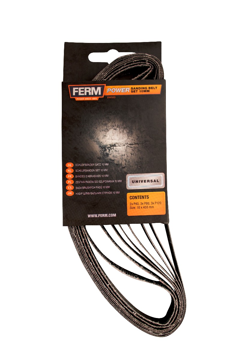 FERM EFA1003  FERM Nastri abrasivi 10mm (8 pezzi) 2xG40, 3xG80, 3xG120 - per lima a nastro di precisione