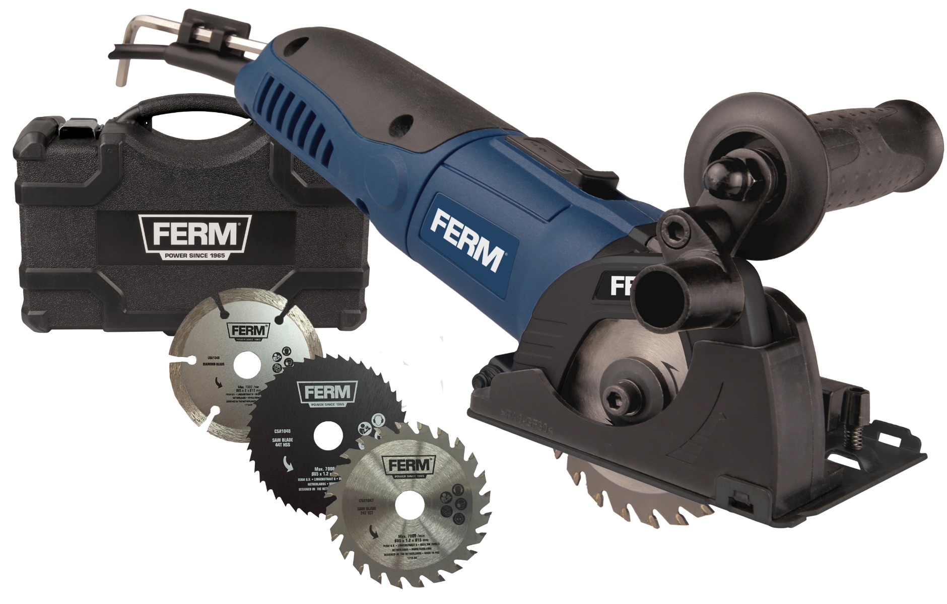 FERM CSM1043 Mini sega circolare di precisione 500W. Velocità variabile. Include 3 lame e custodia