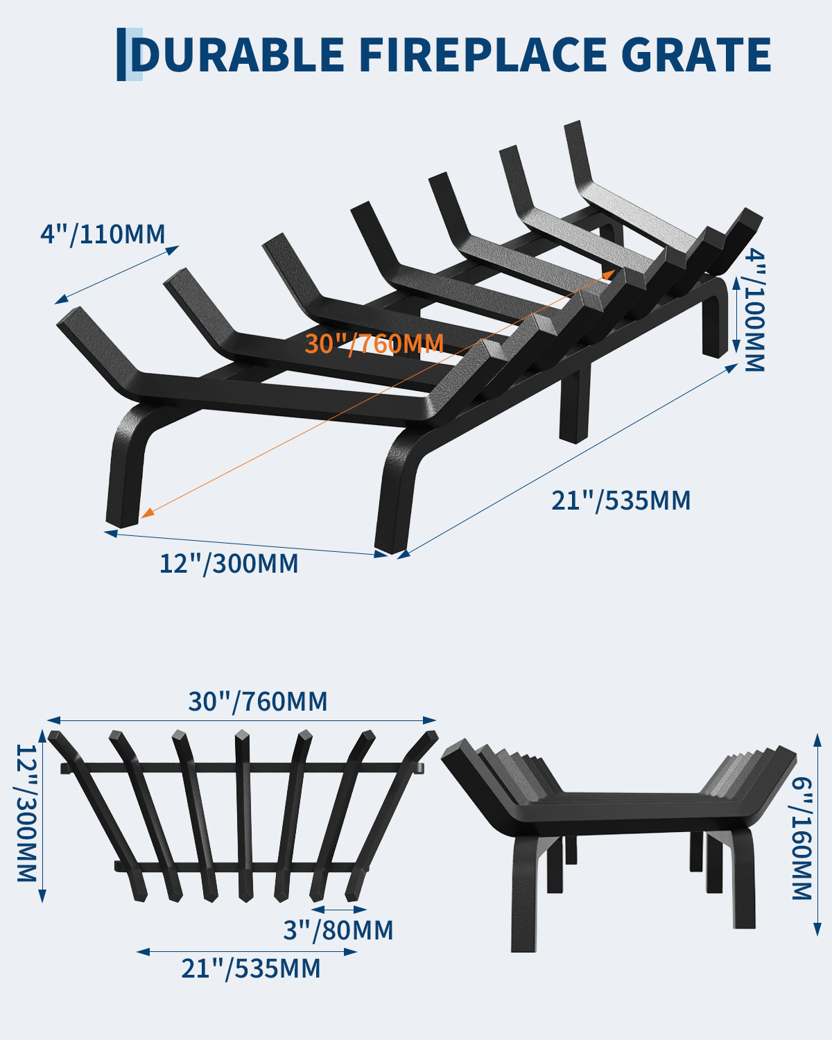 Grille de cheminée en acier massif 30 pouces (76 cm) – 7 barres – vue 2