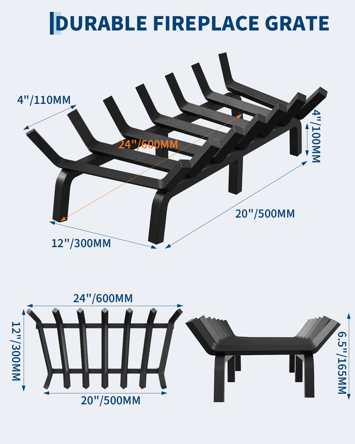 Grille de cheminée en acier massif 24 pouces (61 cm) – 7 barres – vue 2