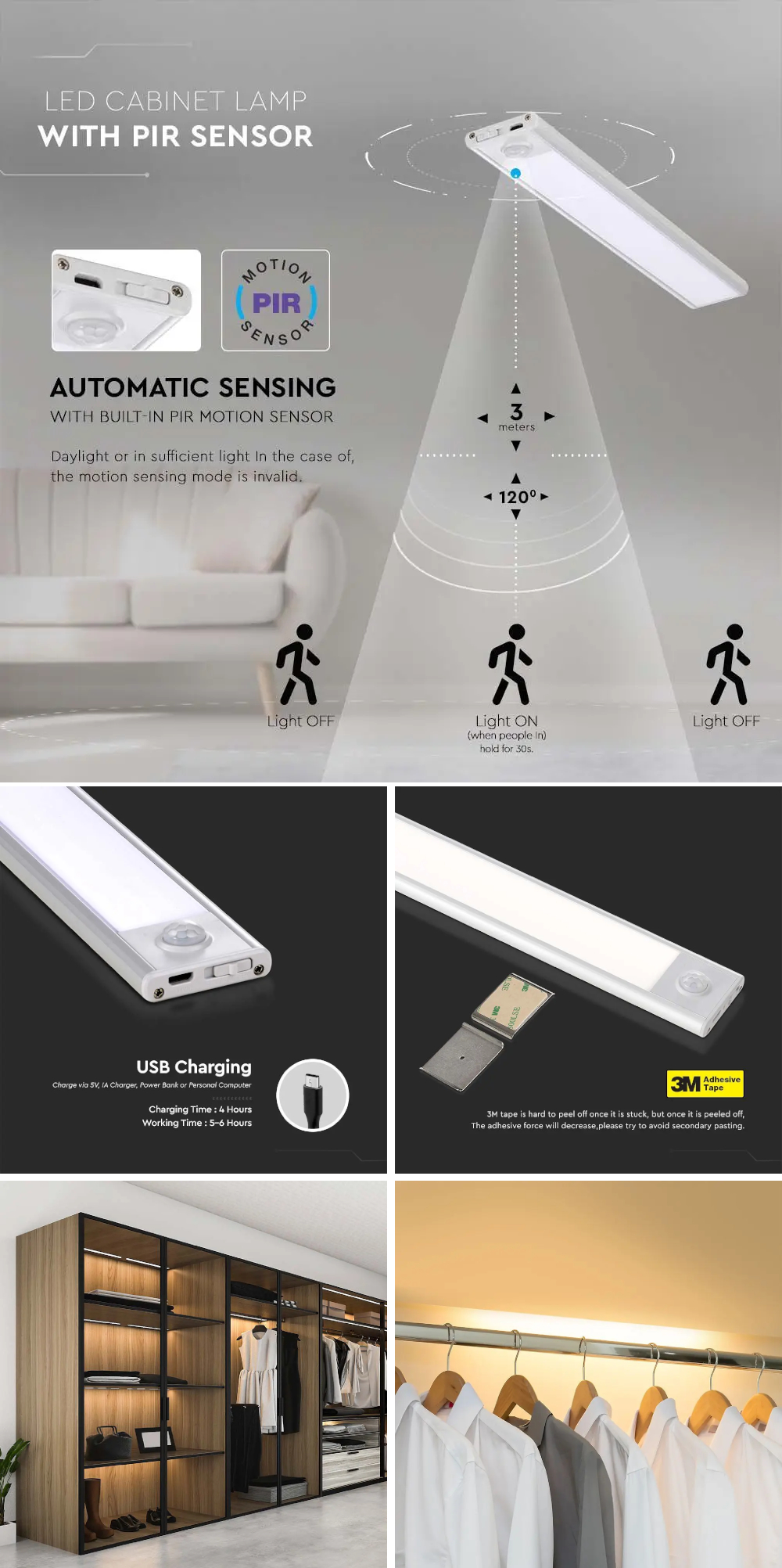 Lampada da incasso a LED per cucina, senza fili, sottile, USB, ricaricabile, con sensore di movimento, per armadio, cucina, corridoio, cassetto (argento, luce bianca, 30 cm