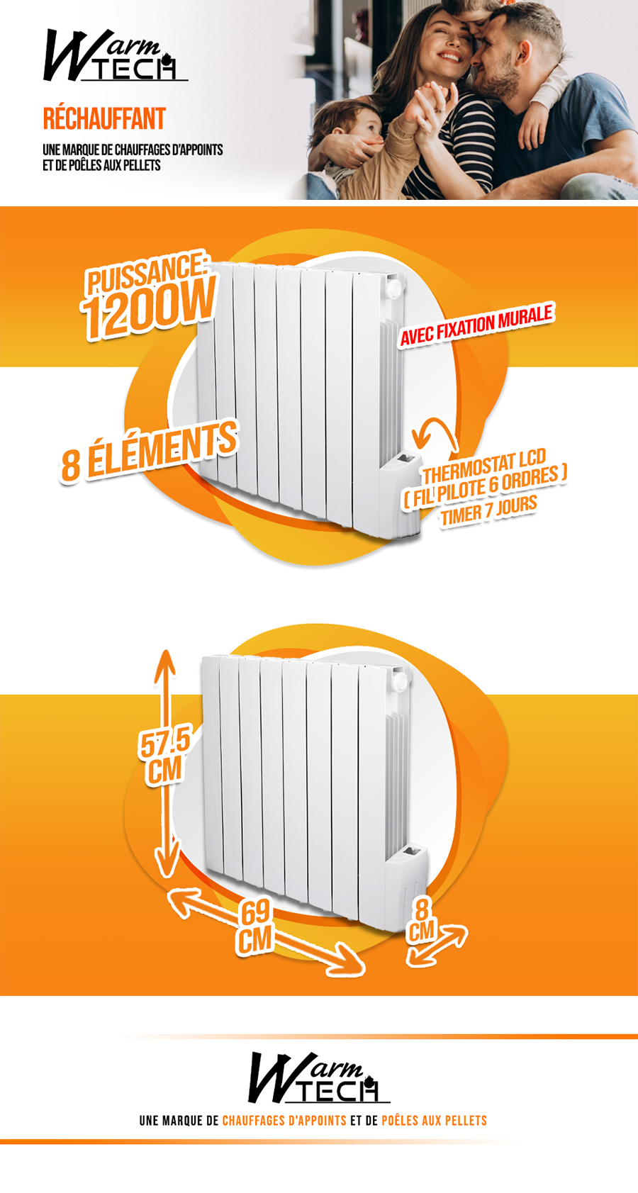 Radiateur à inertie fluide 1200W 8 éléments - WARMTECH