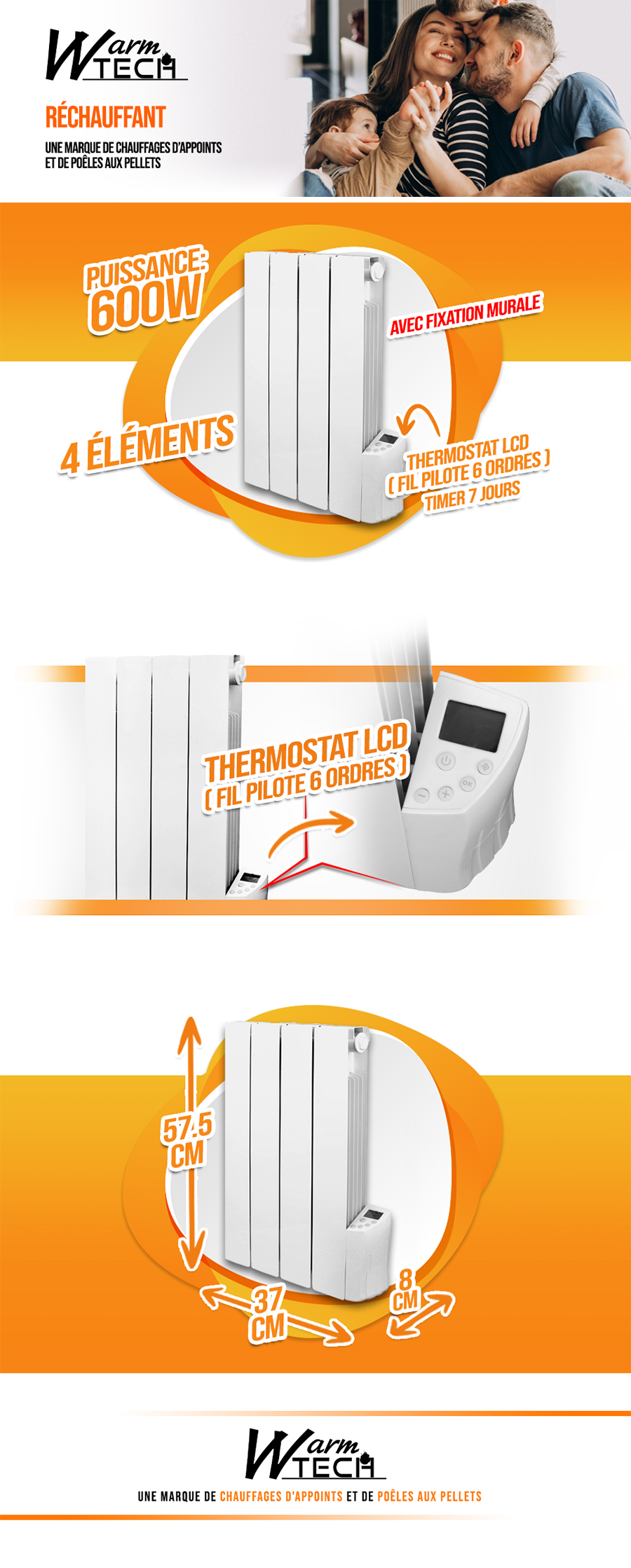 Radiateur à inertie fluide 1200W 8 éléments - WARMTECH