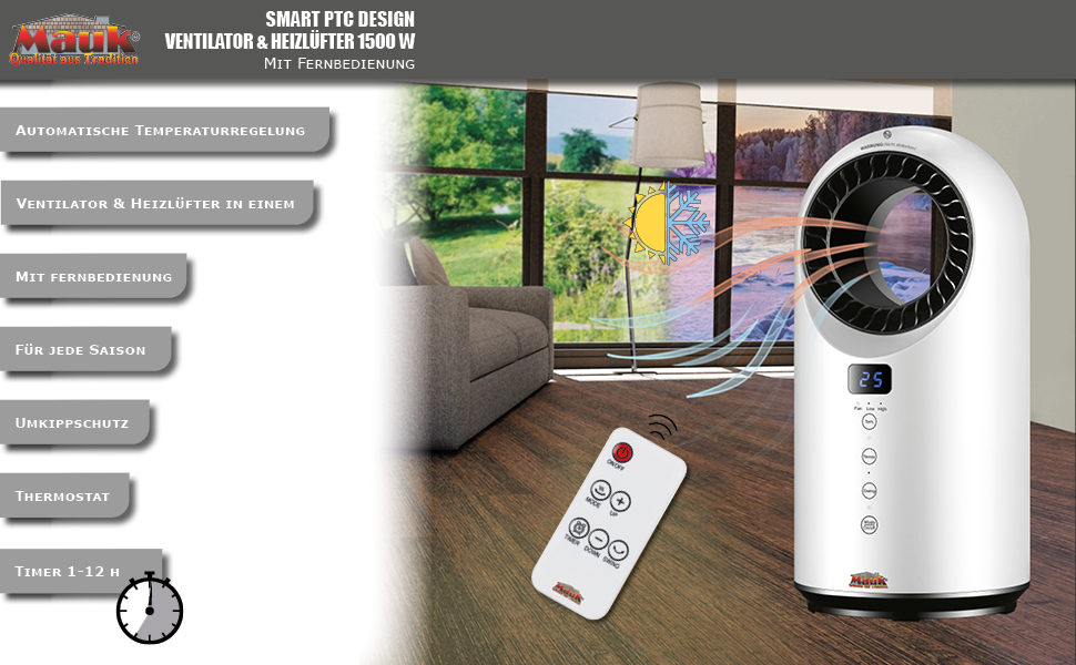 MAUK Bladeless Fan Heater Heizlüfter & Design Smart PTC Ventilator 2 in 1  elektrisch leise mit Timer & Fernbedienung