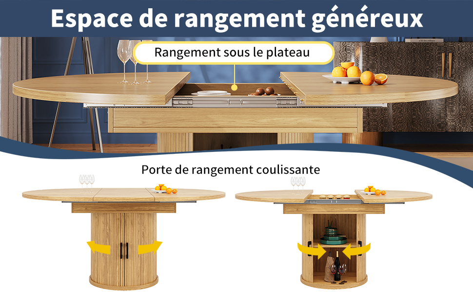  /></p>
<h2>Description du produit</h2>
<p><strong>Table à manger ronde extensible :</strong> Avec un diamètre de 118 cm, cette table peut être agrandie jusqu'à 158 cm de longueur pour offrir davantage d'espace lors des repas en famille ou entre amis. Sa hauteur de 76,8 cm convient à une utilisation quotidienne dans la cuisine ou la salle à manger.</p>
<p><strong>Rangement intégré à deux niveaux :</strong> La partie inférieure comprend deux niveaux de rangement avec des portes coulissantes incurvées. Vous pouvez y ranger la vaisselle, les verres et les accessoires de table tout en gardant votre espace organisé.</p>
<p><strong>Rallonge pratique et discrète :</strong> Grâce au système de glissières situé sous le plateau, la table s'agrandit facilement selon vos besoins. Lorsqu'elle n'est pas utilisée, la rallonge se range dans l'espace prévu sous le plateau afin de limiter l'encombrement.</p>
<p><strong>Finition naturelle effet bois :</strong> Son aspect bois naturel apporte une touche chaleureuse et intemporelle à votre intérieur. Le plateau rond favorise les échanges et crée un espace convivial pour les repas, les réunions familiales ou les moments entre amis.</p>
<p><strong>Pieds réglables et structure fonctionnelle :</strong> Équipée de six pieds réglables, cette table peut s'adapter aux petites irrégularités du sol. Elle convient à différents espaces intérieurs, notamment la cuisine, la salle à manger ou le séjour.</p>
<p><img style=