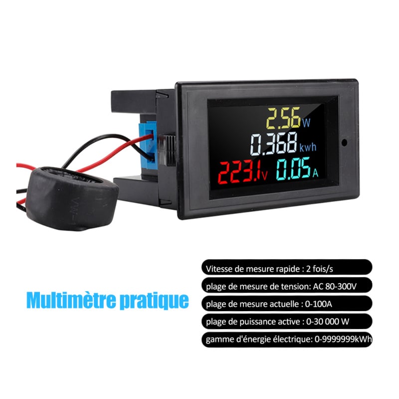 Compteur numérique multifonction monophasé - Affichage LCD - Mesure de  tension CA et de puissance électrique - Affichage noir 